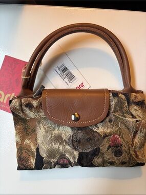 Signare Fold Away Tapestry Dog-Print Top-Handle Tote with Faux-Leather Trim